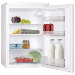 Weisser Kibernetik KS130 Standkühlschrank, 130 l, offen mit gefülltem Innenraum, Glasablagen und Türfächern.