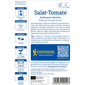 Graines de tomate salade Kiepenkerl Hofmanns Rentita, paquet avec des informations sur la culture et la récolte.