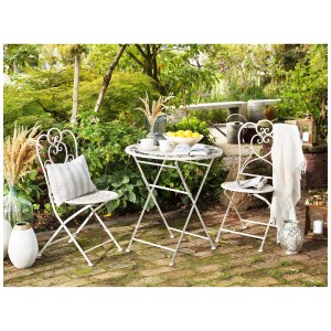 Tavolino da giardino pieghevole Beliani Tieste in metallo beige con due sedie in giardino.