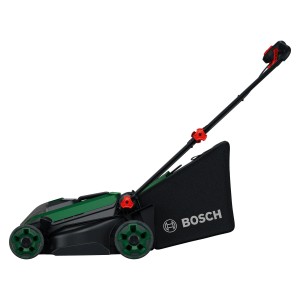 Tagliaerba a batteria Bosch Rotak 18V2-38 con batterie e caricabatterie, nero e verde.