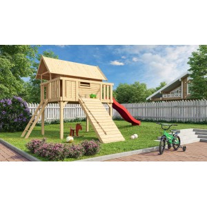 Ensemble cabane sur pilotis Karibu Fidel avec toboggan rouge et rampe en bois dans le jardin.