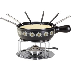 Nouvel Käsefondue-Set, 9-teilig mit schwarzem Caquelon, Rechaud und Gabeln.