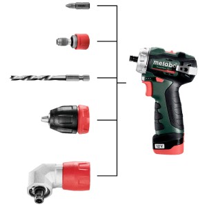 Trapano avvitatore a batteria Metabo PowerMaxx BS BL Q con sistema Quick e accessori per forare e avvitare.