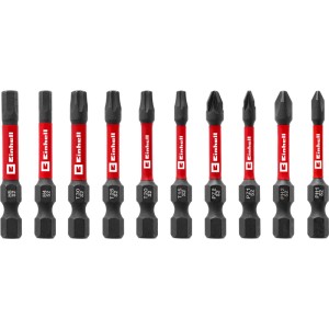 Dieci inserti Impact Einhell neri (PH1-H5) con fascia rossa. Robusto set di bit per avvitare.
