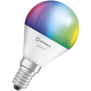 Lampadina Ledvance Smart+ Wifi Mini RGBW E14, lampada smart colorata in bianco.
