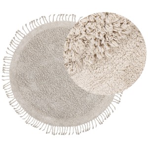 Tappeto rotondo Bitlis Shaggy beige chiaro con frange in cotone, dettaglio della texture.