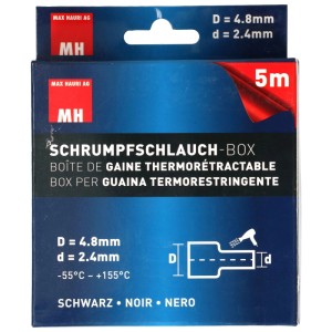 Scatola di guaina termorestringente nera, 4,8 - 2,4 mm, rotolo da 5 m da tagliare.