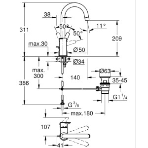Dessin technique : Mitigeur de lavabo Grohe QuickFix Start Alira chrome L avec dimensions.