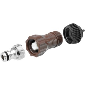 Set riduttore di pressione Geka Drip (6 mm) per sistemi Micro-Drip, composto da connettore, riduttore di pressione e raccordo per tubo.