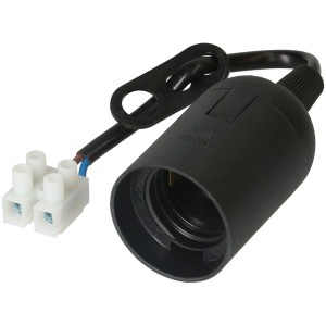 Gros plan d'une douille de lampe E27 noire avec câble et borne du kit de déménagement.