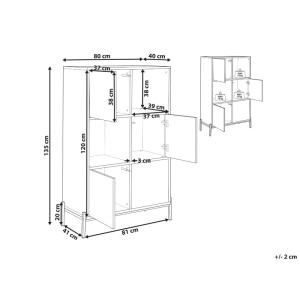 Dessin technique étagère Moines. 6 compartiments, 4 avec portes, 2 ouverts. H 135 cm, L 80 cm, P 41 cm. Max 15 kg/étagère.