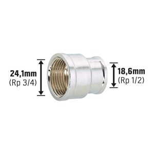 Manicotto filettato di riduzione in ottone cromato, 18,6 mm (Rp 1/2) x 24,1 mm (Rp 3/4), per raccordi filettati.