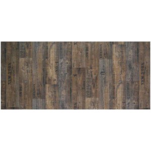 Revêtement de sol CV Vino Memphis aspect parquet à lames, marron avec inscriptions, largeur 4 m.