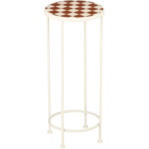 Table à plantes Mica Bologna en fer blanc antique, plateau rond avec motif échiquier rouge et blanc. Pour jardin.