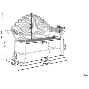 Dessin technique du banc de jardin Beliani Pavia en fer blanc crème avec dossier paon et dimensions.