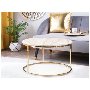 Table basse beige et dorée Coral effet marbre, Ø 70 cm. Table de salon moderne avec structure en métal.