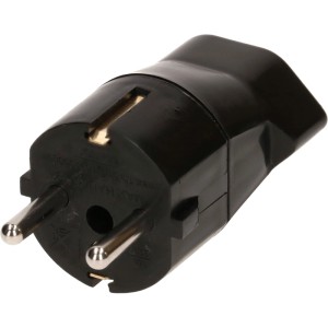 Schwarzer Max Hauri Reiseadapter. Kompakter Zwischenstecker mit zwei runden Stiften und rechteckigem Schlitz.