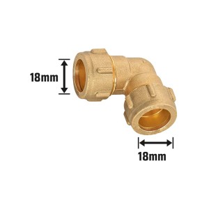 Raccordo a gomito a compressione in ottone, Ø 18 mm, per sistemi di tubazioni.