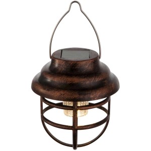 Lanterne solaire LED Globo couleur rouille en métal, Ø 8 cm, hauteur 14 cm. Lampe d'extérieur décorative avec poignée.