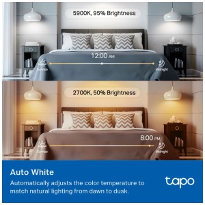 Tapo L535E: Lampadina smart con temperatura colore regolabile e funzione dimmer in camera da letto.
