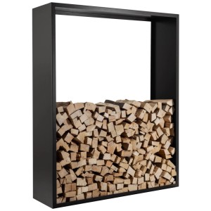 Étagère à bois Nouvel Nova, métal anthracite, remplie de bûches.