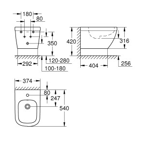 Disegno tecnico: Bidet sospeso Grohe Euro Ceramic con dimensioni per l'installazione.