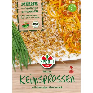 Sperli Germogli di Grano Bio: Confezione con germogli di grano e suggerimento di ricetta.