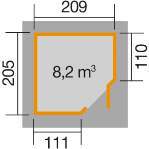 Pianta weka casetta da giardino in legno Angolo A, 209x205 cm, tetto piatto, naturale, volume 8,2 m³.