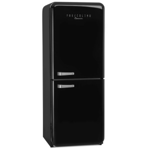 Schwarzer Trisa Retro-Kühlschrank Frescolino Classic mit Chromgriffen, 401 Liter Fassungsvermögen.