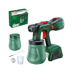 Sistema di verniciatura a spruzzo a batteria Bosch AdvancedSpray 18V-500 con accessori e scatola.