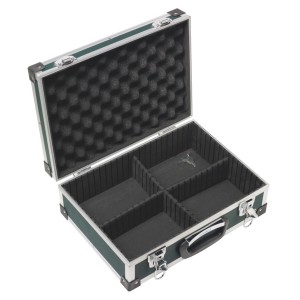 Boîte à outils universelle LUX AKG 130 verte ouverte avec compartiments et cadre en aluminium.
