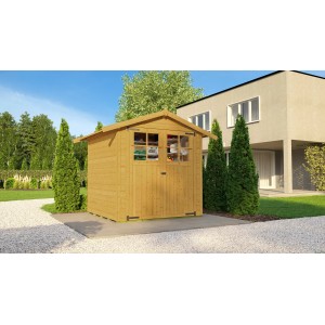Abri de jardin en bois lasuré chêne clair Weka avec toit à deux pentes et fenêtres. Idéal pour le rangement dans le jardin.
