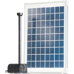 Set pompa solare per laghetto Heissner con pompa, pannello solare e accessori per giochi d'acqua.