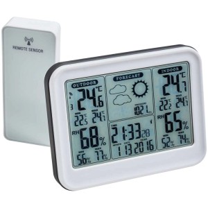 Stazione meteo wireless Möller Therm argento con sensore esterno, visualizza temperatura, umidità e previsioni.