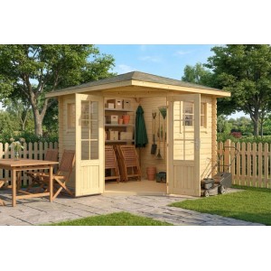 Abri de jardin à 5 pans Alpholz Sunny-B brut avec toit pointu, 230x224 cm, dans le jardin.