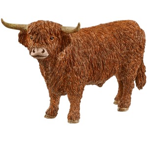 Schleich Toro delle Highlands Farm World, statuetta giocattolo dettagliata con pelo marrone e corna.