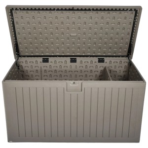 Coffre de rangement ouvert Oslo XL en taupe, capacité 870 l, aspect bois.