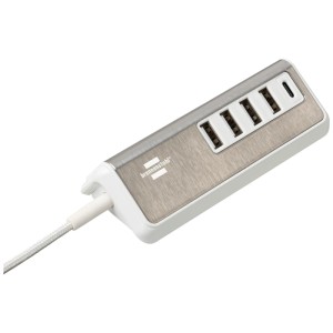 Brennenstuhl Chargeur USB multiple avec 4 ports USB-A et 1 port USB-C, câble textile chromé.