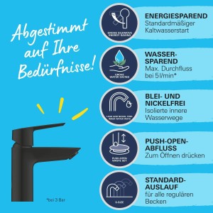 Miscelatore lavabo Grohe QuickFix Start S nero: Dettaglio con evidenziazione delle funzioni.