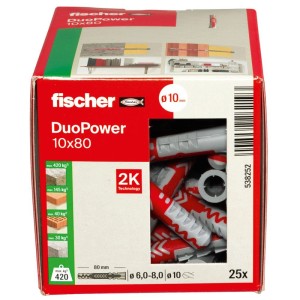 Paquet de chevilles universelles Fischer DuoPower 10x80, 25 pièces, rouge/gris. Chevilles universelles pour une fixation sûre dans divers matériaux de construction.
