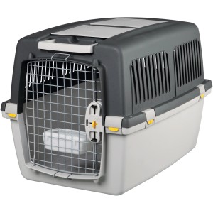 Trasportino per cani Trixie Gulliver 4, grigio chiaro/grigio scuro, con porta in metallo e ciotola.