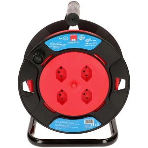 Enrouleur de câble avec 4 prises Type 13, câble de 25 m, rouge et noir, avec cadre en métal.