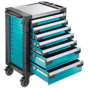 Servante d'atelier Technocraft Allround 2.0 avec 7 tiroirs, partiellement ouverts, sur roulettes.