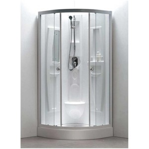 Cabine de douche complète ronde avec verre clair et panneaux arrière blancs avec étagères.