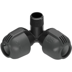 Raccord coudé Gardena pour systèmes d'arrosage, 25 mm x 19 mm filetage mâle, gris.