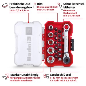 Jeu de clés à douille Einhell XS CASE ouvert. Embouts, douilles et cliquet visibles dans la boîte rouge.