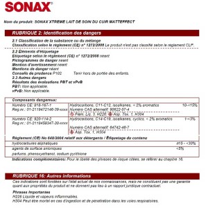 Etikett der Sonax Lederpflegemilch Xtreme 500ml mit Gefahrenhinweisen und Inhaltsstoffen.