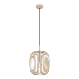 Lampada a sospensione color sabbia Eglo Romazzina con paralume a listelli metallici.