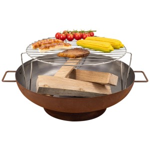 Brasero Nouvel Elegante en acier rouge rouille (Ø 55cm) avec grille, bois, maïs, saucisse et tomates.