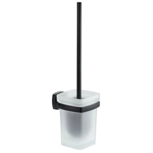 Ensemble brosse WC Diaqua Quinto, métal noir mat avec récipient en verre dépoli.
